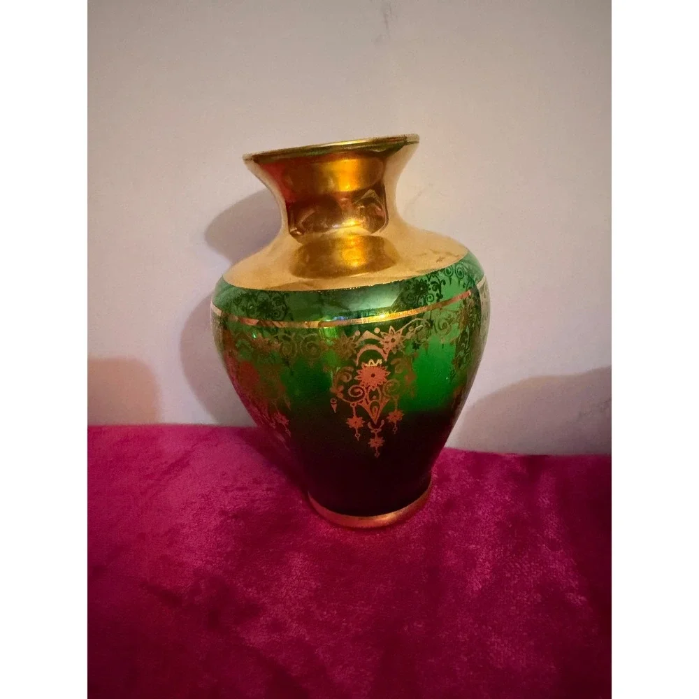 Vintage Vecchia Murano Emerald Green Art Glass Vase 24K Gold Gilt Baroque Italy